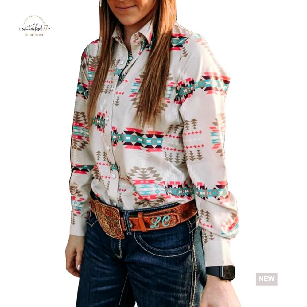 Women's Long Sleeve Blouse Western Aztec Print Snap Closure Button Up